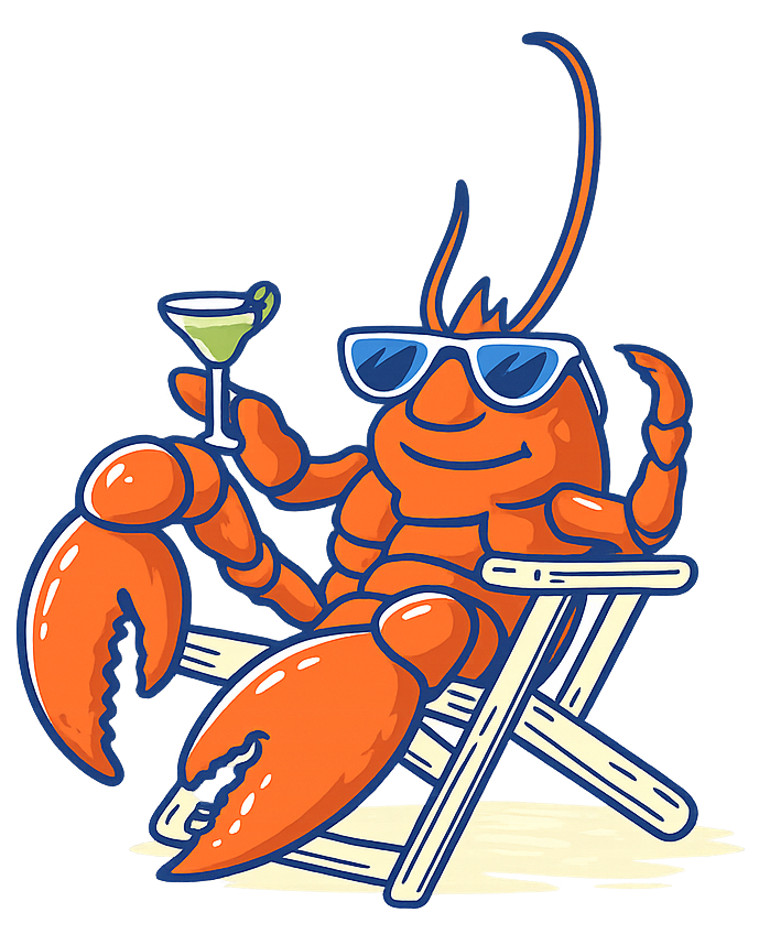 A lobster in a beach chair, holding a drink, logo for The Lazy Lobster Seafood & Bar.