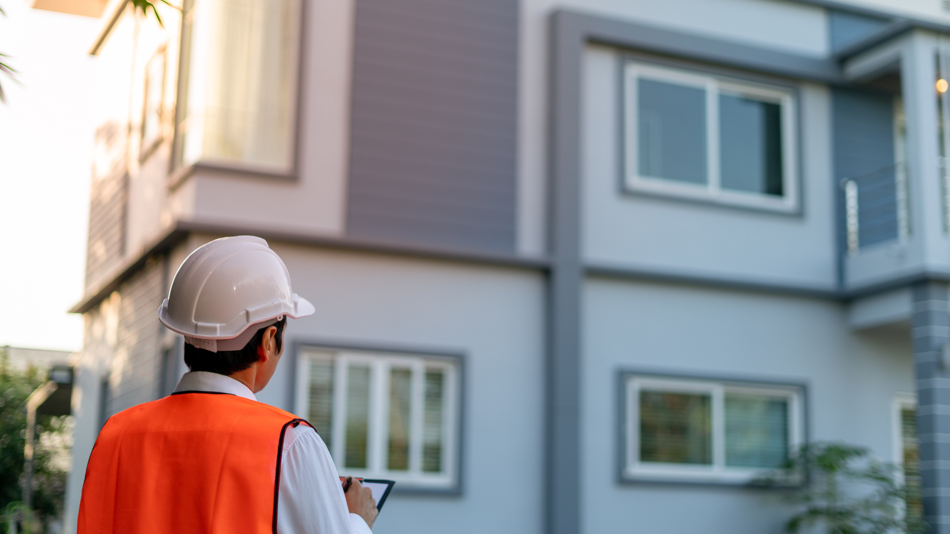 A construction worker is looking at a tablet in front of a house.