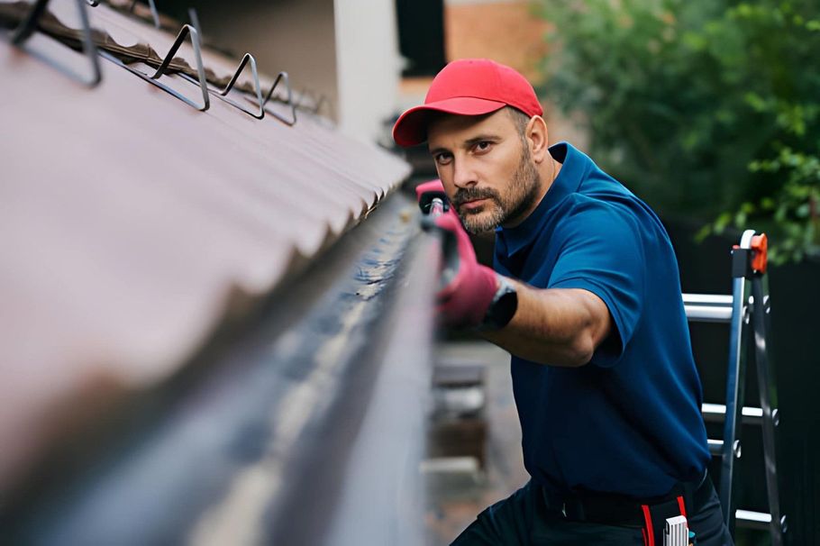 Worker in red cap and blue shirt cleaning a roof gutter with a tool outdoors