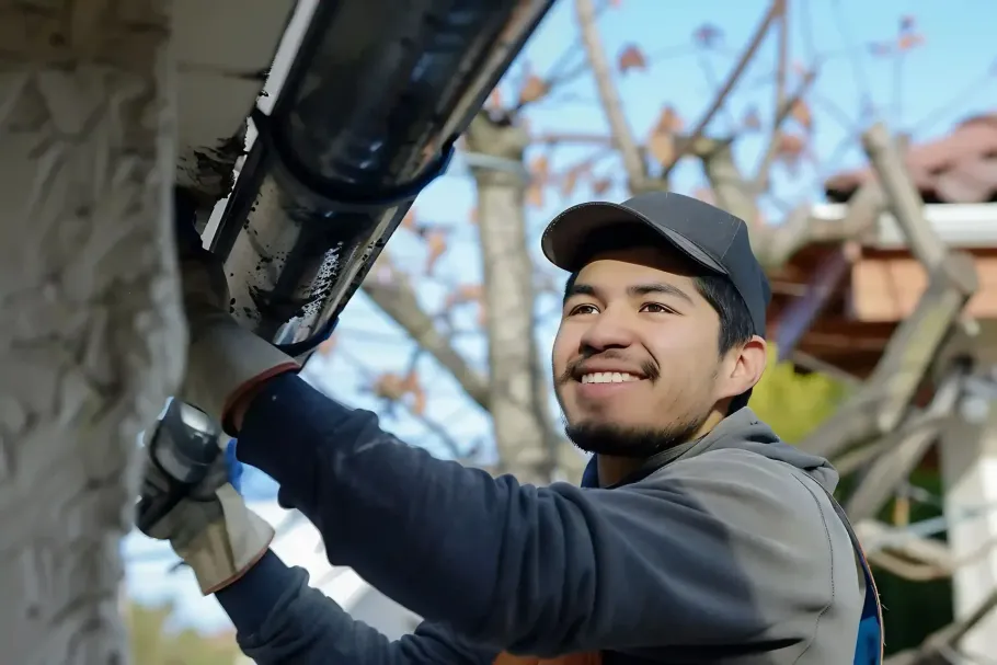 Worker in a cap and gloves fastening a black gutter on a building exterior.