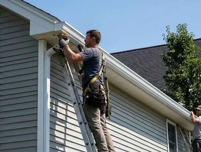 Worker on a ladder repairing house eaves under the roofline