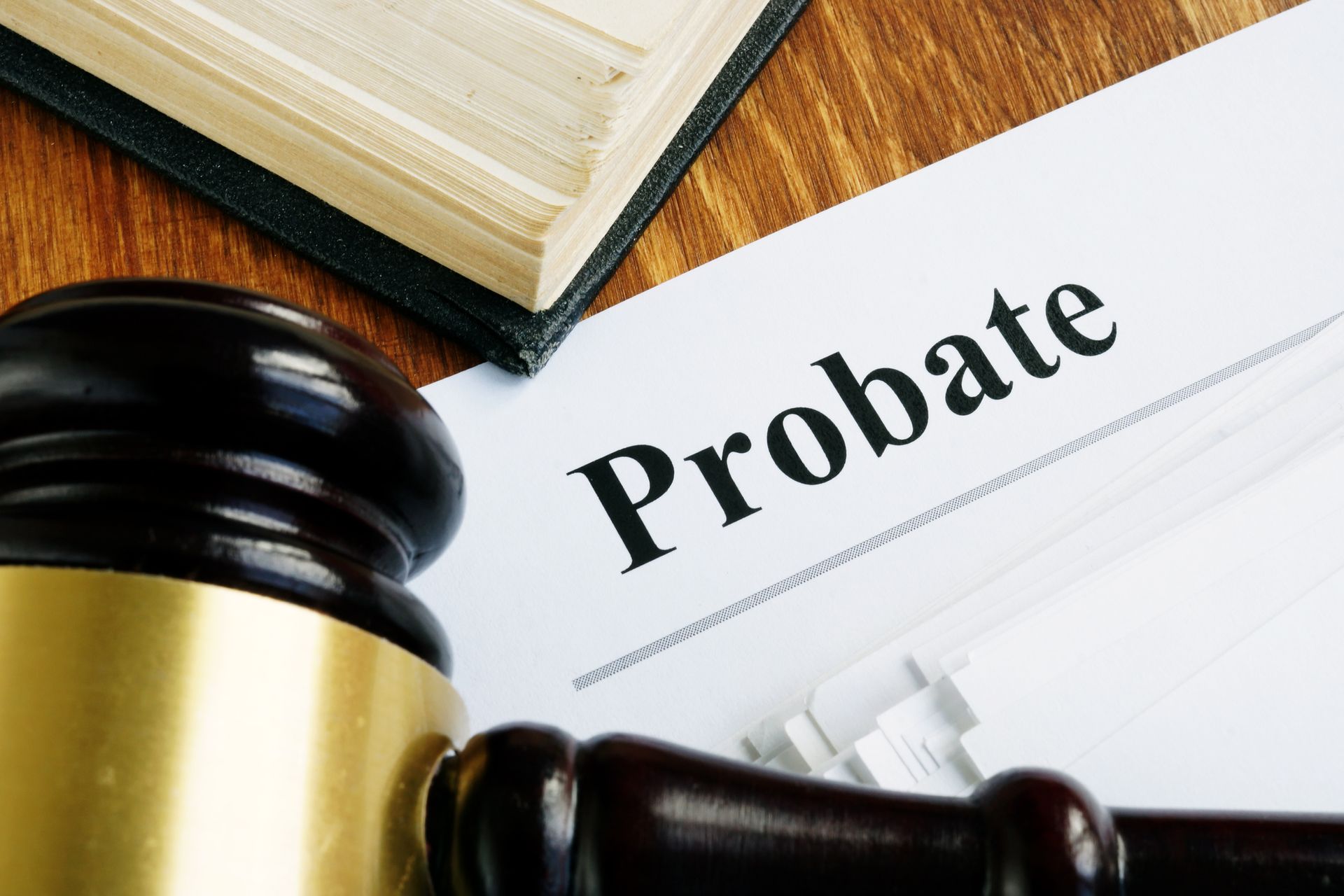 Probate sign, stack of papers and gavel, Mastrianni & Seguljic probate lawyer, New Britain, CT