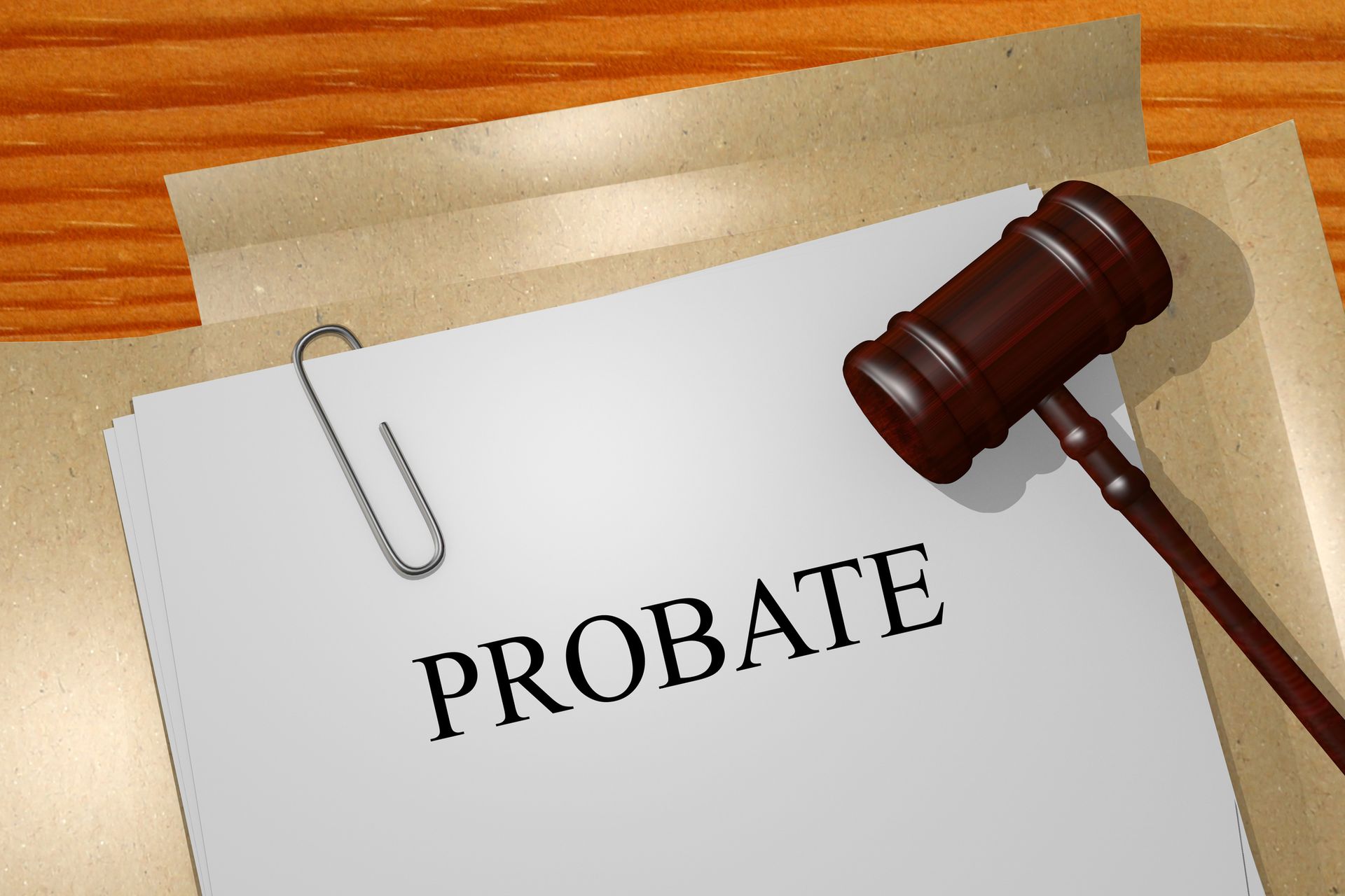 Probate document with gavel on a wooden desk.