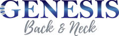 Blue, serif logo for Genesis Back & Neck, with text in a cursive font underneath.