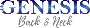 Blue, serif logo for Genesis Back & Neck, with text in a cursive font underneath.