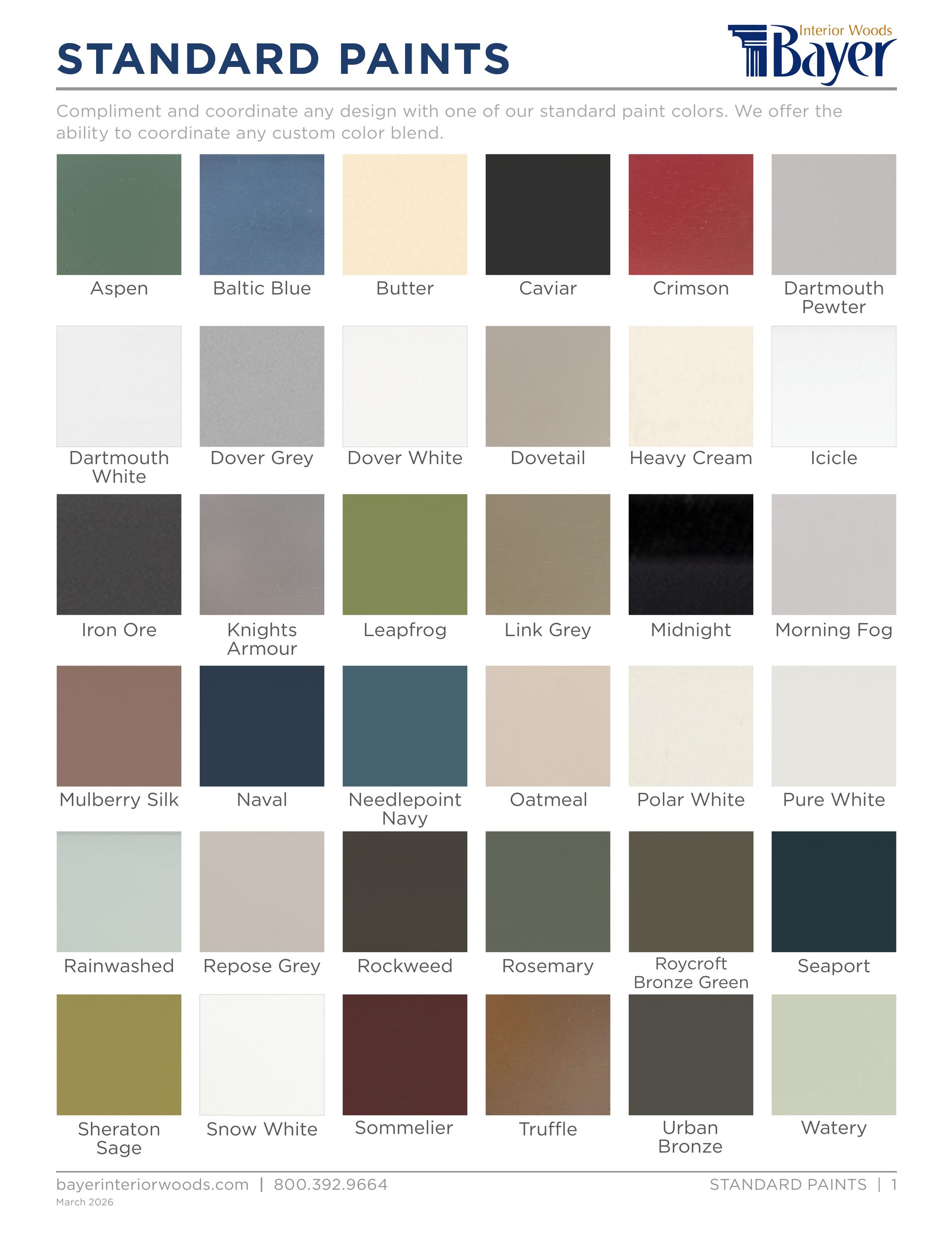 Color swatches of standard paints: white, gray, beige, blue, green, brown, and black.