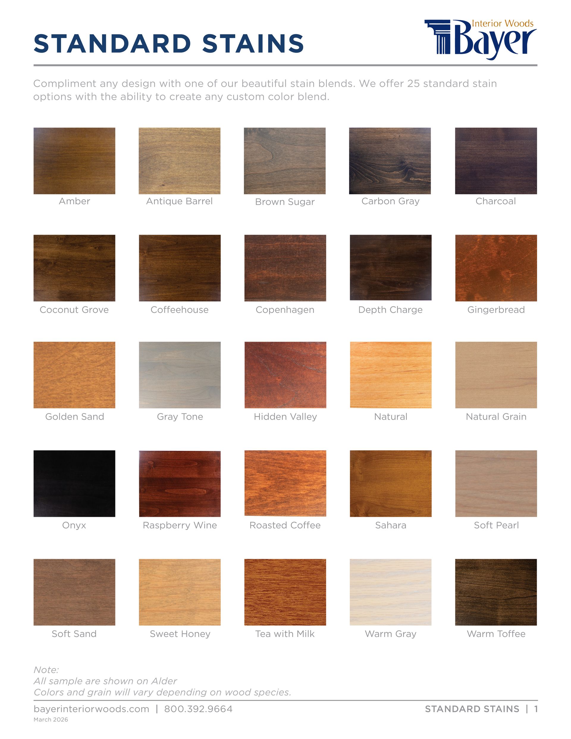Standard stain color swatches; 22 wood stain shades displayed in horizontal rows.