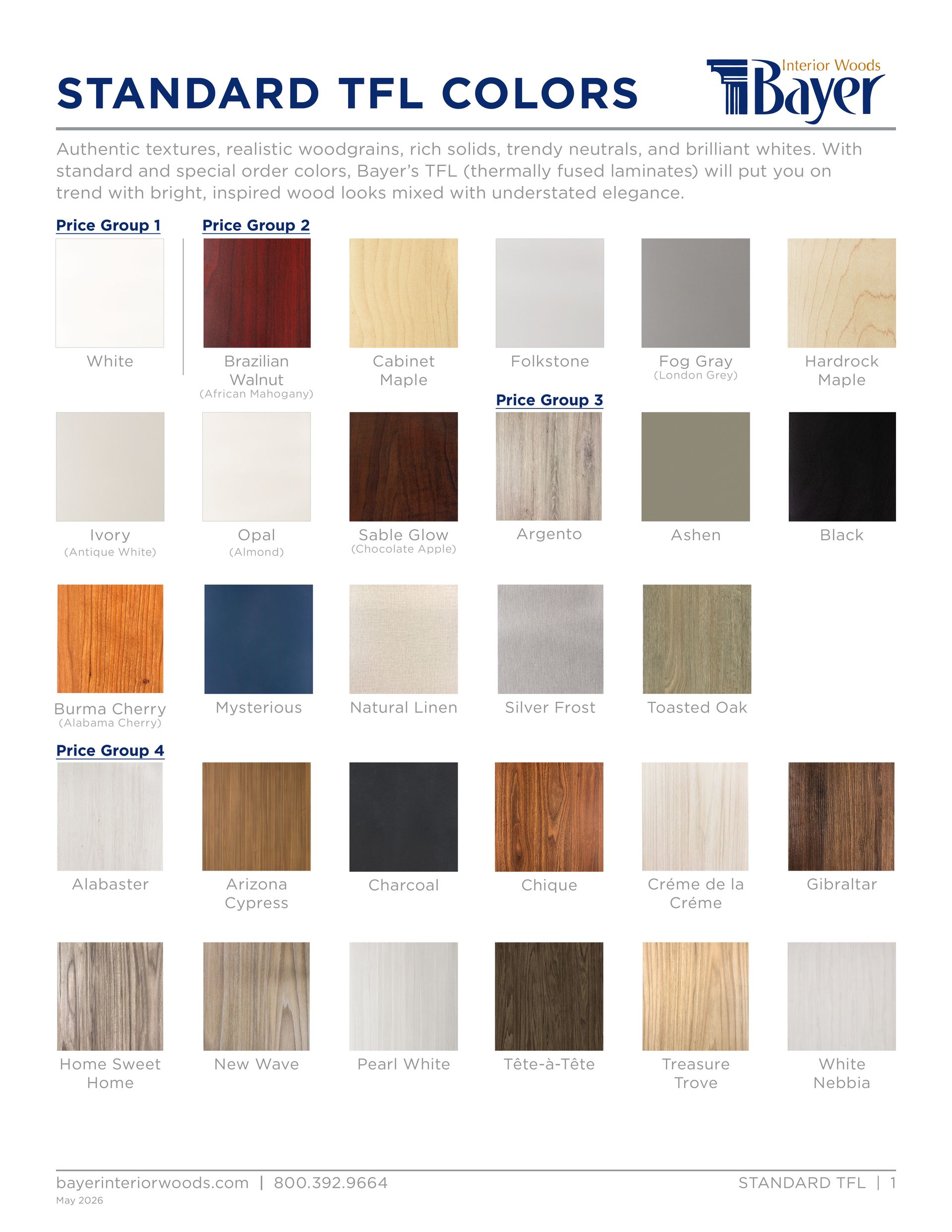 Color chart of standard TFL colors by Bayer. Includes various wood tones, solids, and patterns.