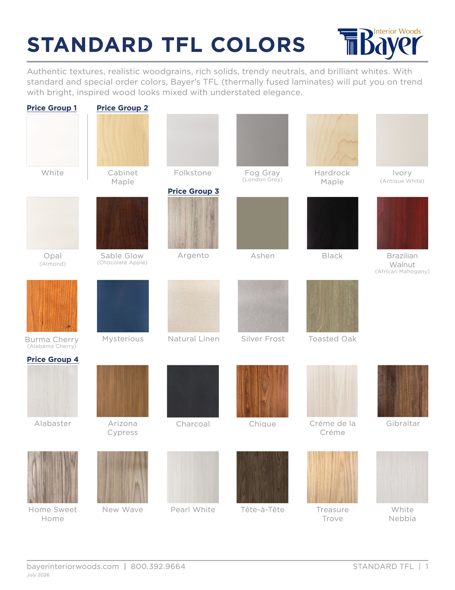 Color chart of standard TFL colors by Bayer. Includes various wood tones, solids, and patterns.