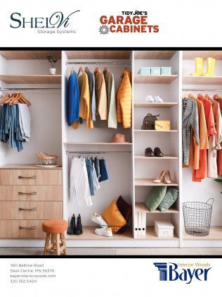 Closet storage system showcasing hanging clothes, shelving, and drawers. Neutral tones; organized space.