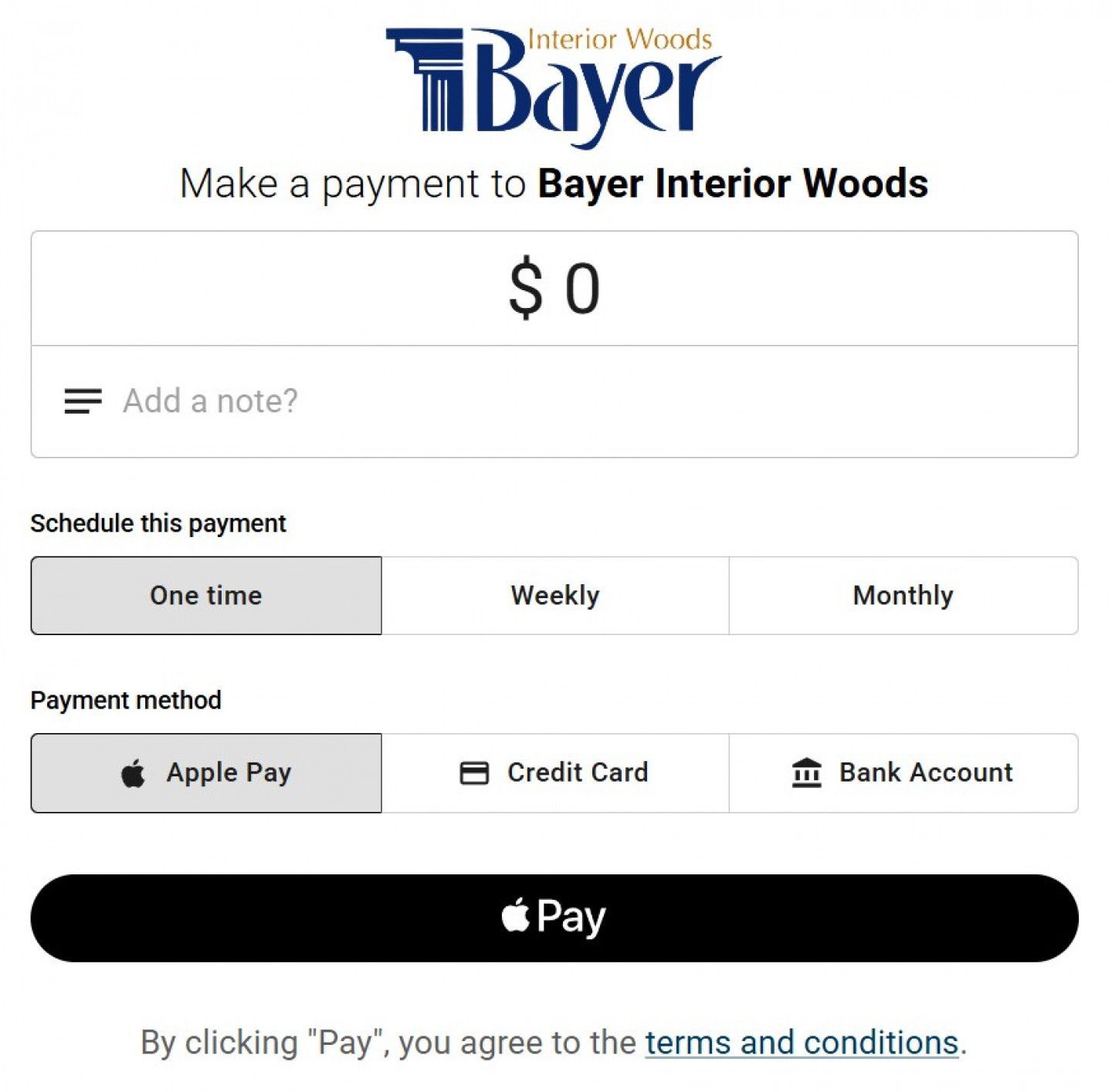Payment form for Bayer Interior Woods. Displays a $0 payment, Apple Pay option.