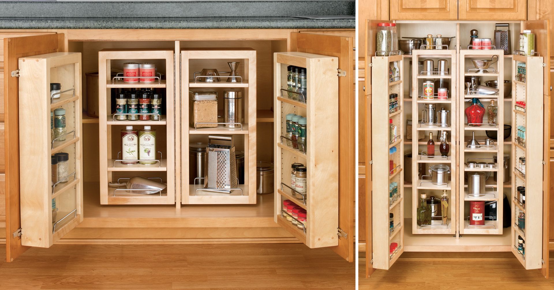 Kitchen cabinet with pull-out shelving containing various spices and pantry items. Wooden.