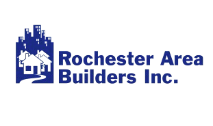 Logo for Rochester Area Builders Inc. featuring stylized blue buildings and houses.