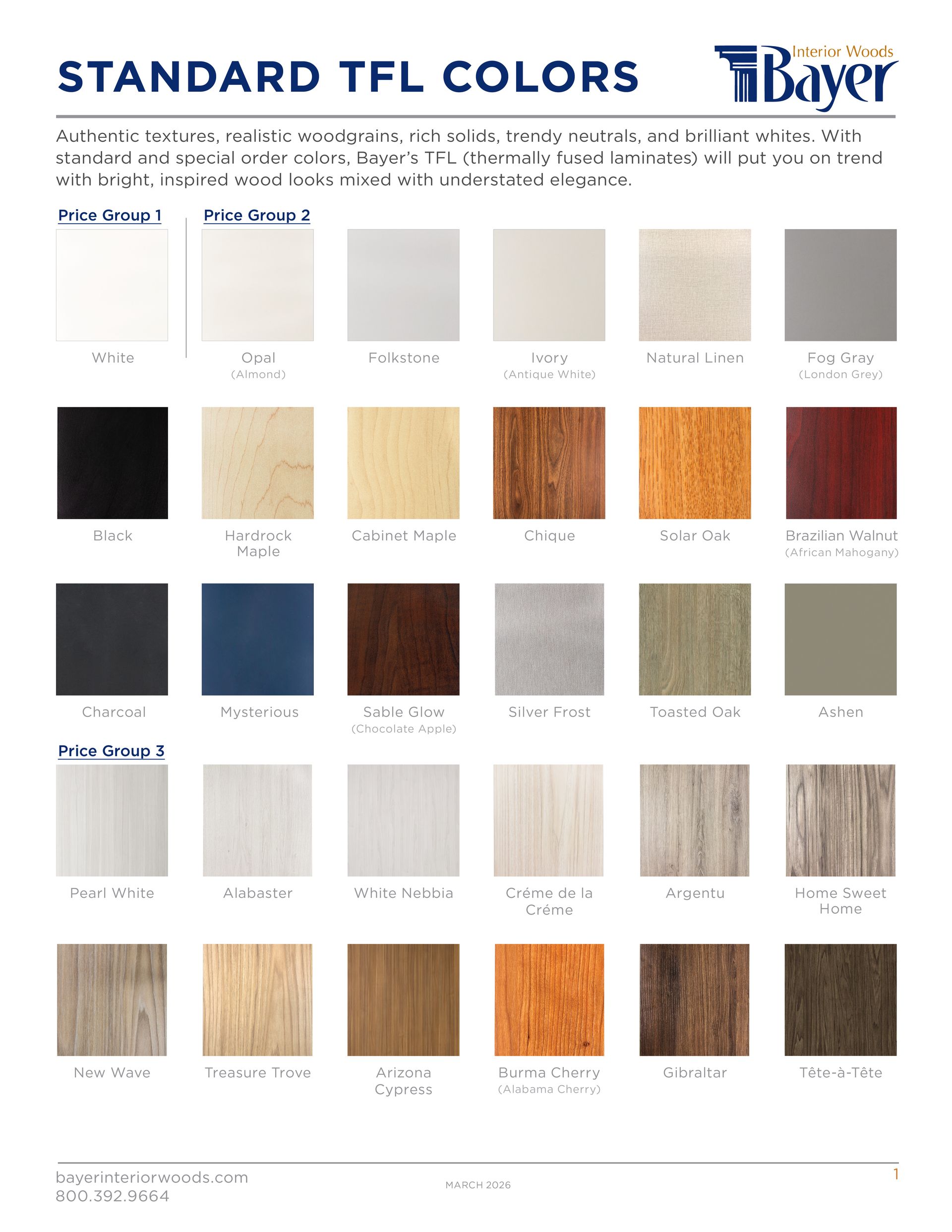 Color chart of standard TFL colors by Bayer. Includes various wood tones, solids, and patterns.