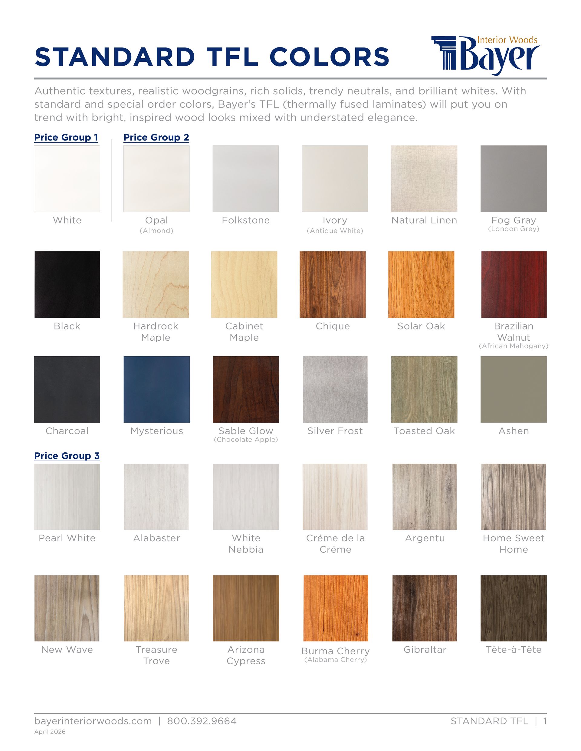Color chart of standard TFL colors by Bayer. Includes various wood tones, solids, and patterns.