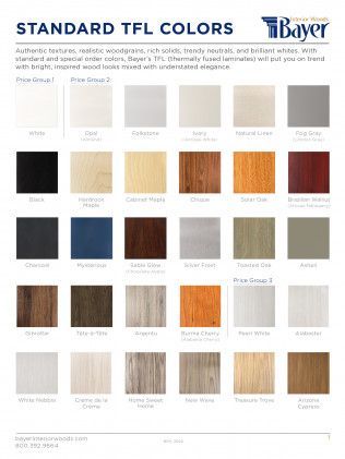 Color chart of standard TFL colors by Bayer. Includes various wood tones, solids, and patterns.