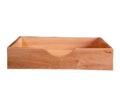 Wooden storage tray with a curved cutout on the front side, empty, against a white background.