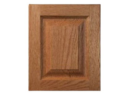 Wooden cabinet door with raised panel, stained brown.