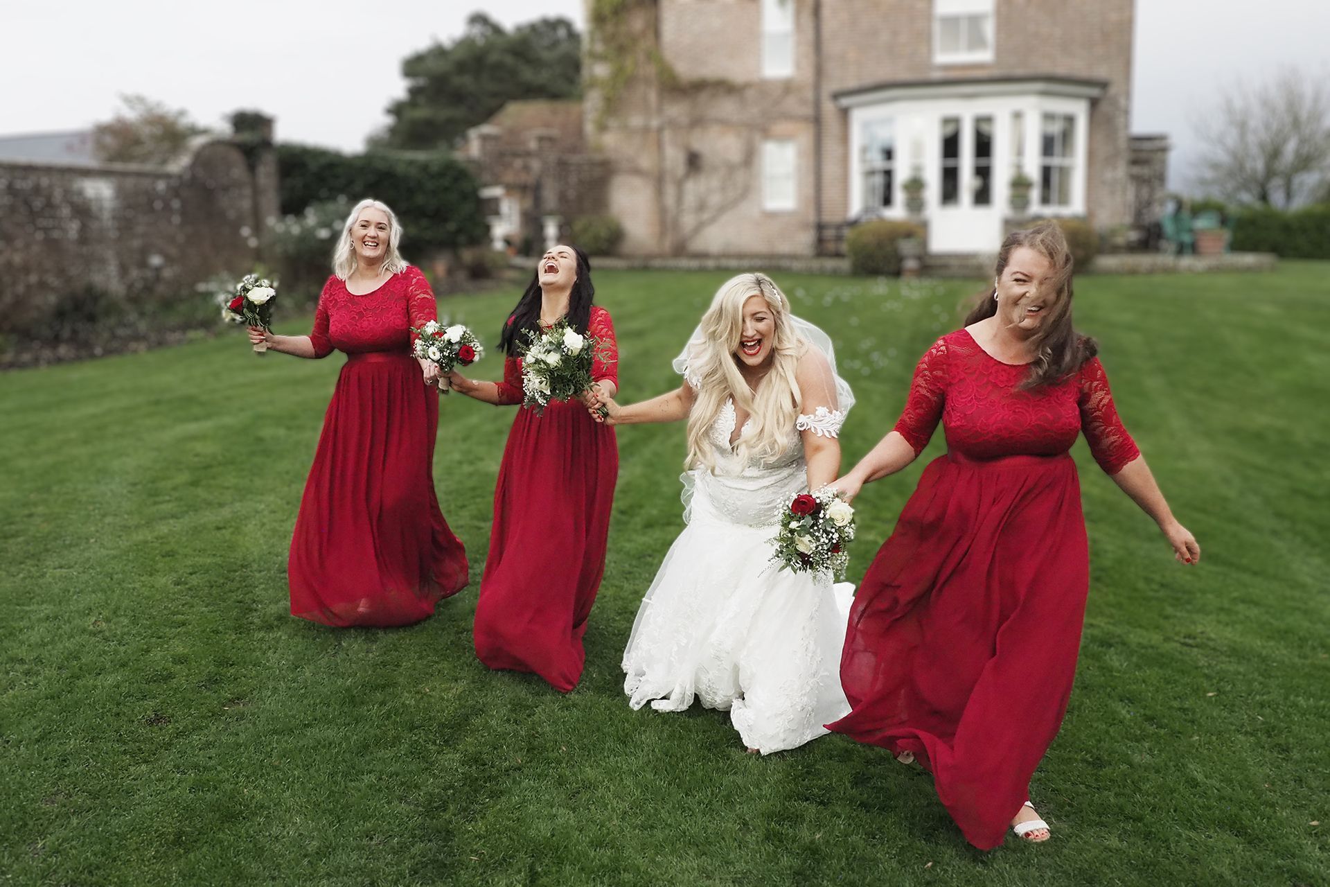 Bride and bridesmaids at Parley Manor in Christchurch, Dorset