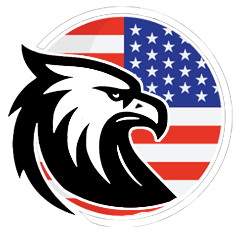 A black and white eagle is sitting in front of an american flag.