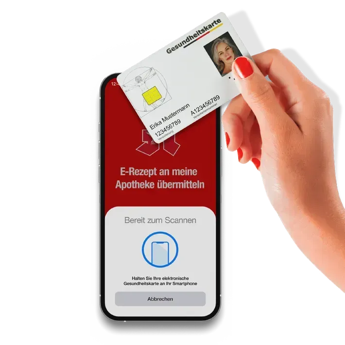 A hand is holding a card over a phone that says e-rezept an meine apotheke übermitteln