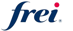 Das Logo von Frei ist blau mit einem roten Kreis in der Mitte.