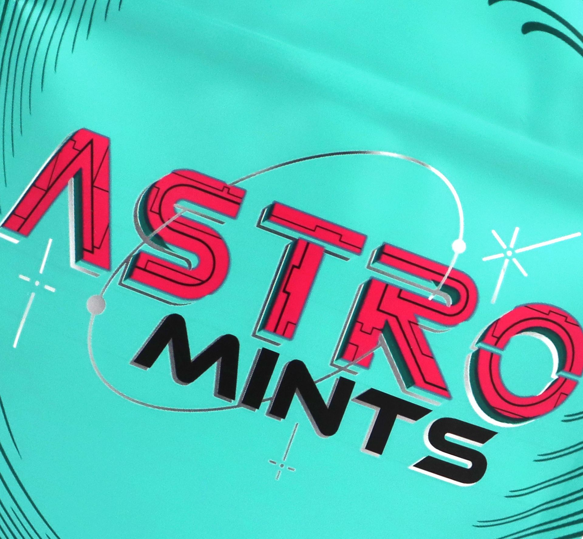 closeup of astro mints packaging graphic
