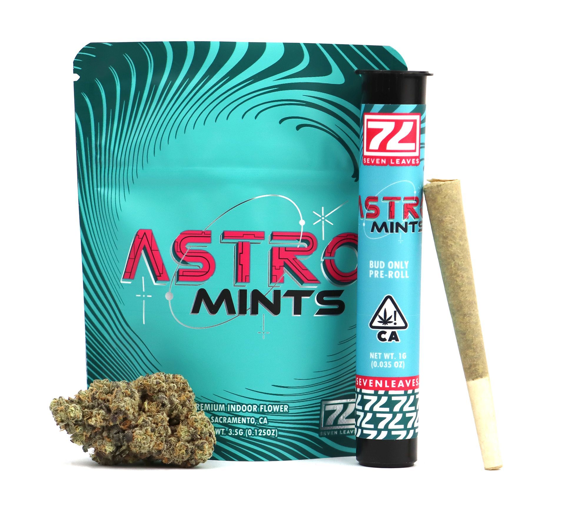 packaging spread of astro mints with preroll and weed next to it