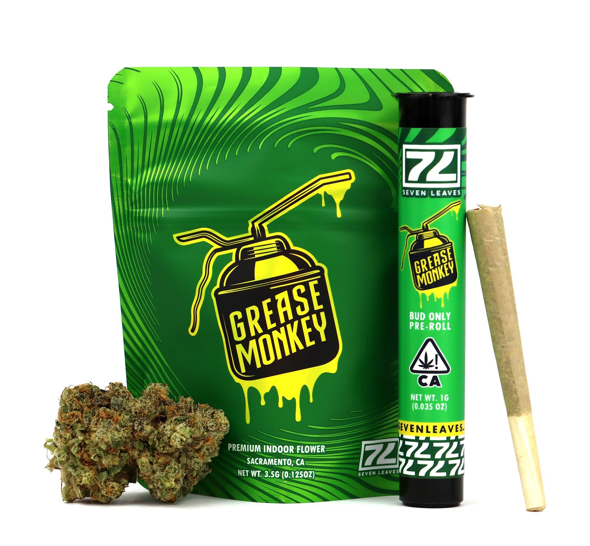 packaging spread of grease monkey with pre roll on the side