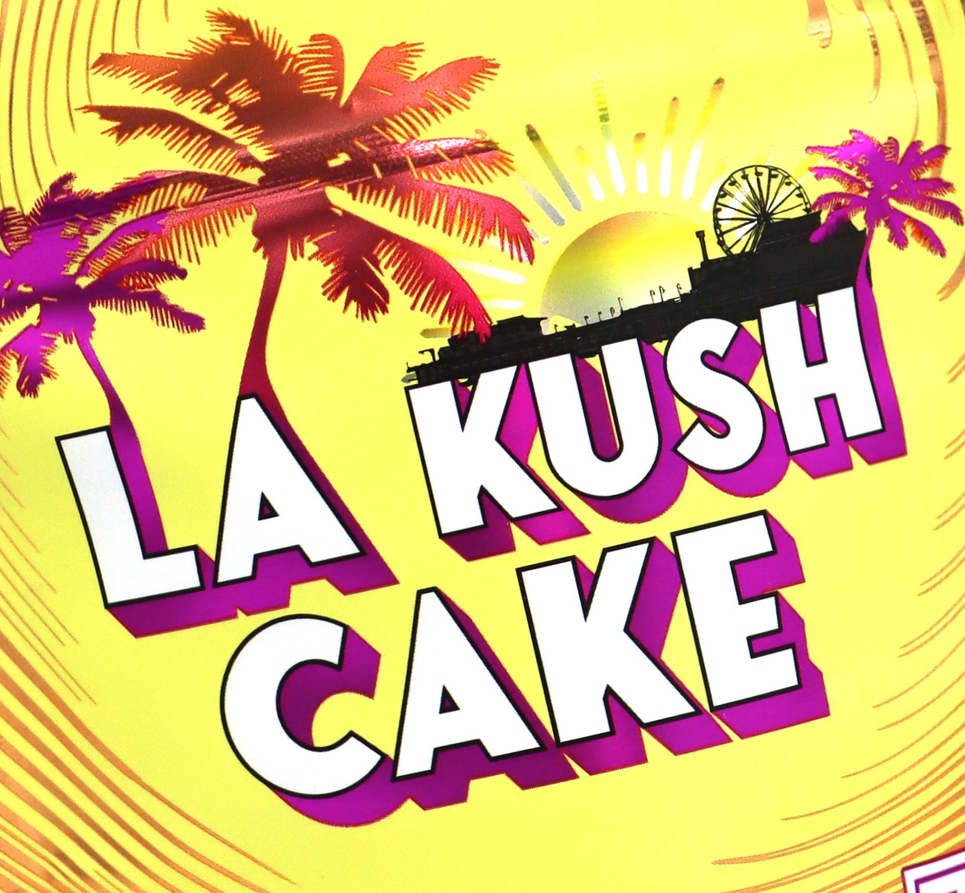 closeup of packaging graphic for la kush cake