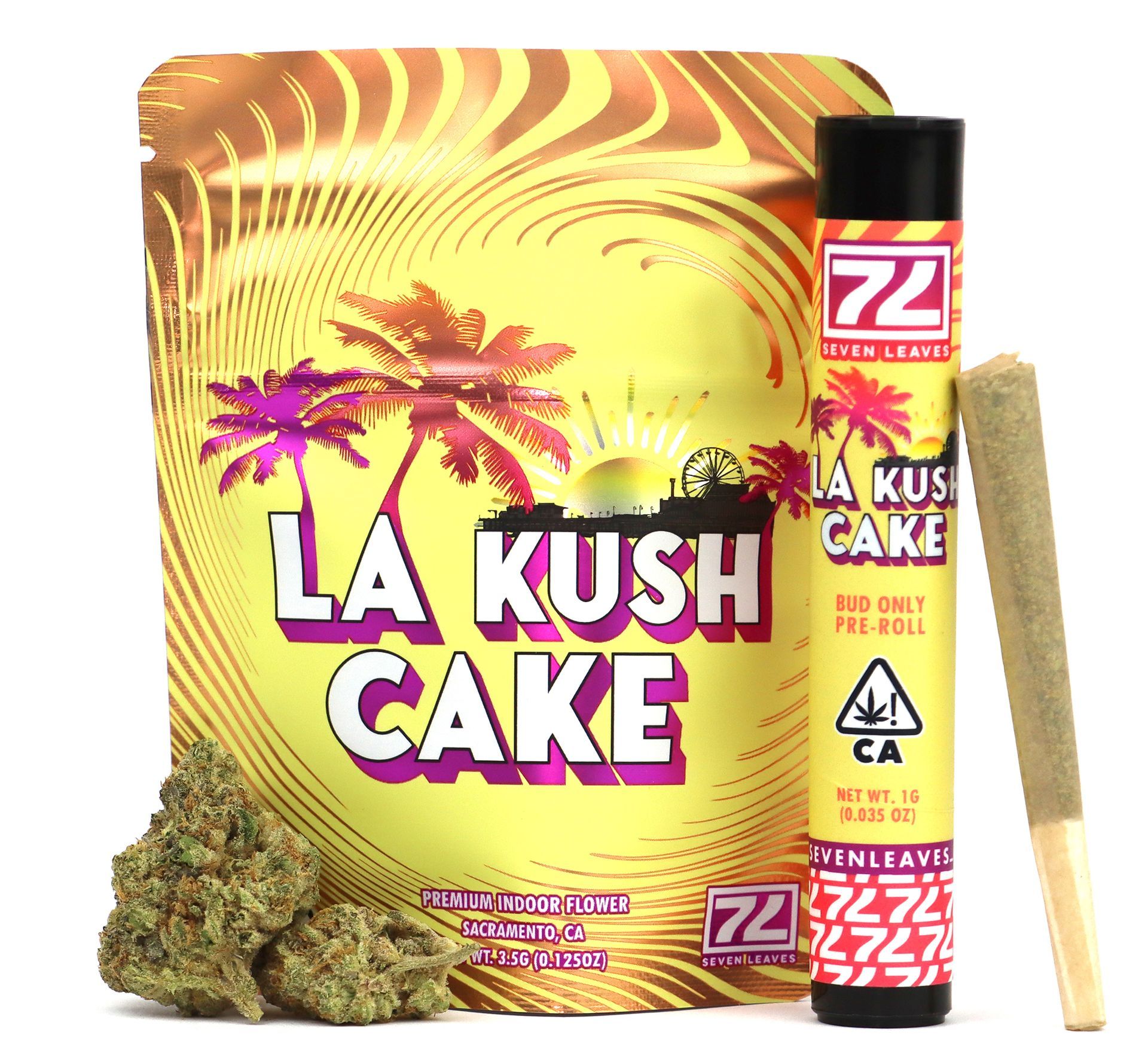 la kush cake packaging spread with preroll and weed next to it