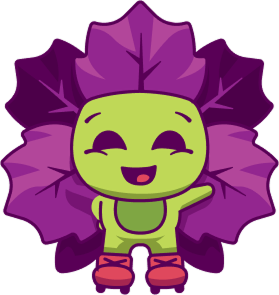A smiling, green plant-like character wearing red boots and gesturing to the side with a purple leafy background.