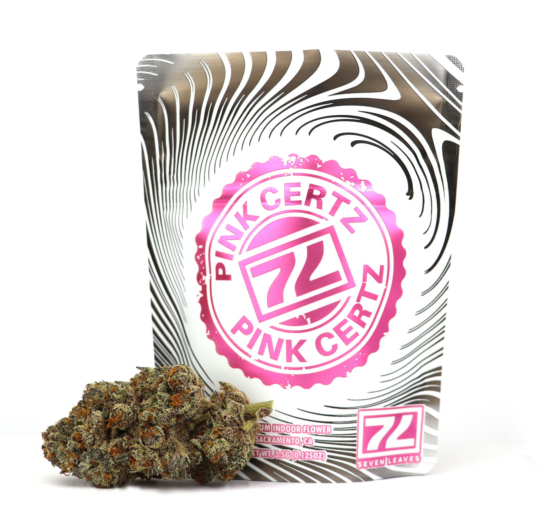 packaging spread of pink certz with weed next to it