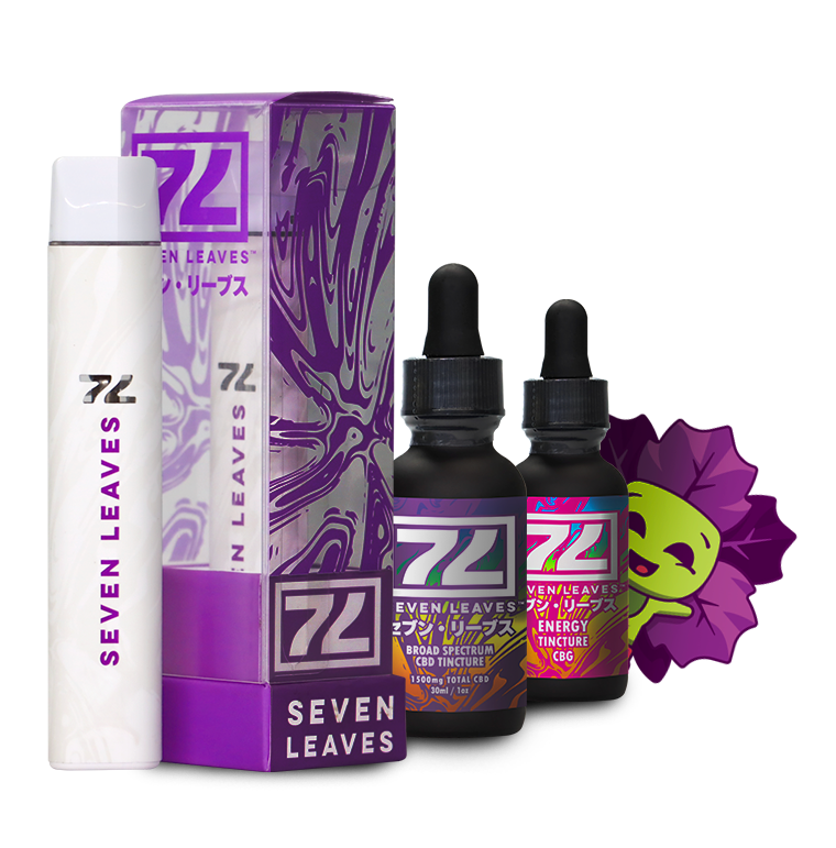 Seven Leaves products: bottles of tincture and soap, with colorful packaging and a cartoon flower.