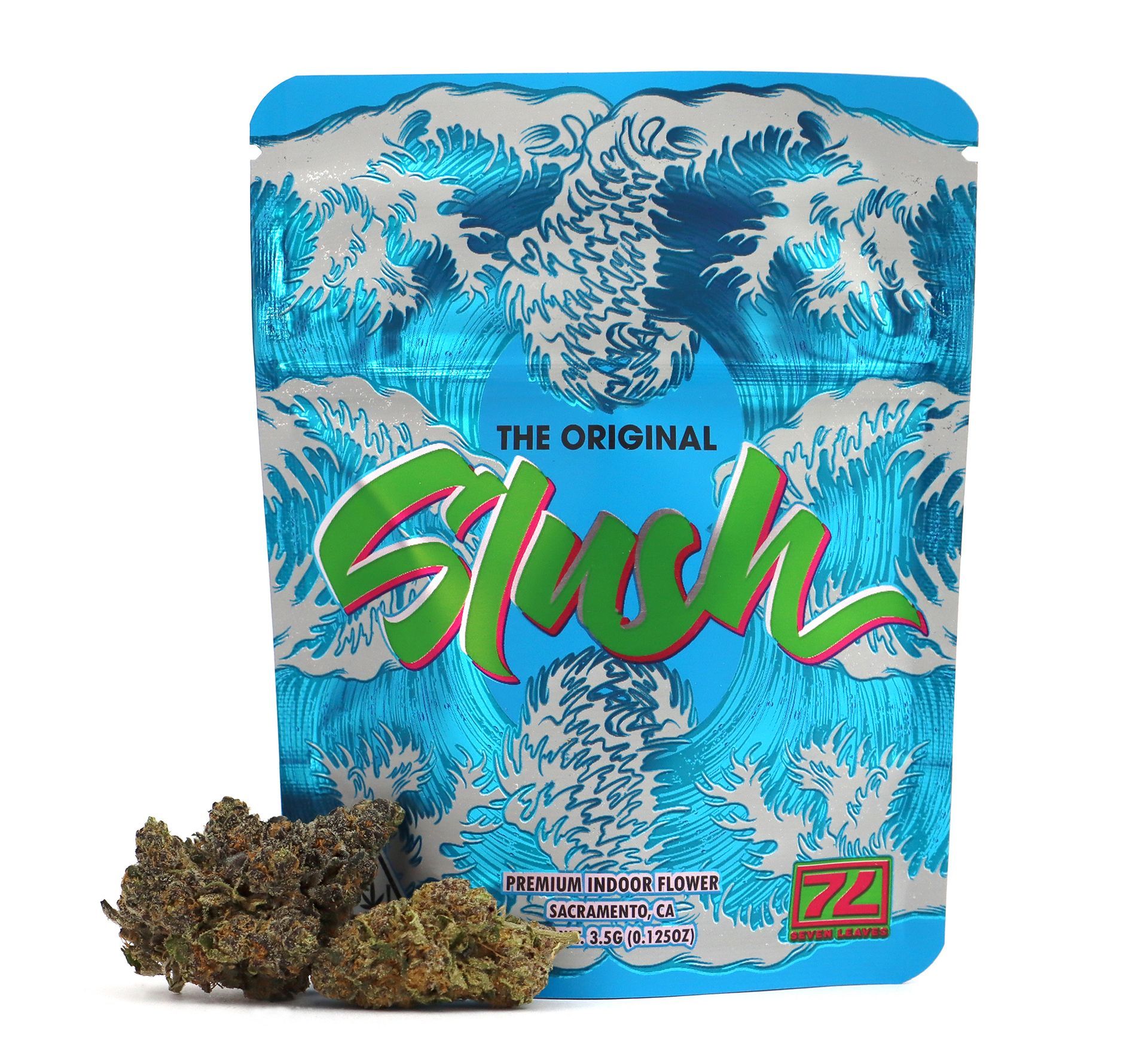 packaging spread of og slush with weed next to it