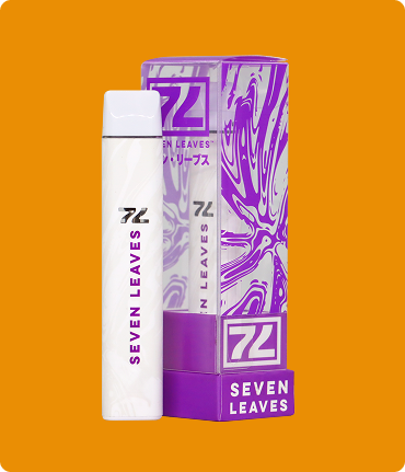 White and purple Seven Leaves vape pen and box on orange background.