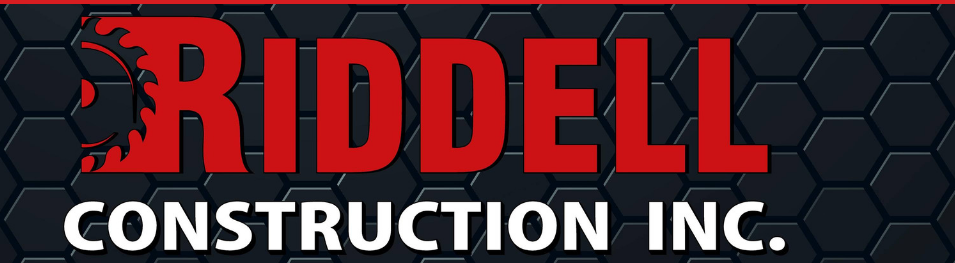Logo for Riddell Construction Inc. with bold red text and a gear icon on a black honeycomb background.