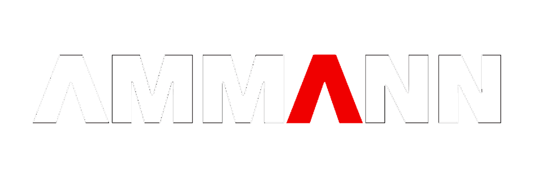 a white ammann logo with a red v in the middle .