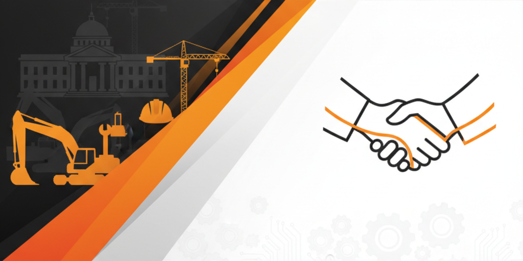 Construction theme with handshake icon. Orange and black elements on white.