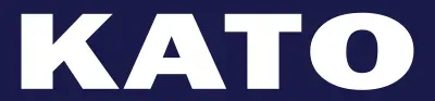 the word kato is written in white on a blue background