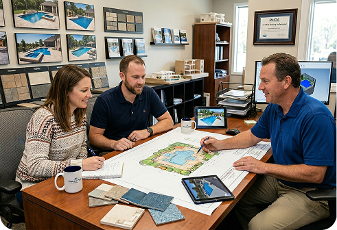 A consultant discusses swimming pool design plans and tile samples with two clients in an office.
