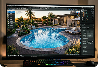 A computer monitor displaying a 3D architectural rendering software interface of a backyard swimming pool.