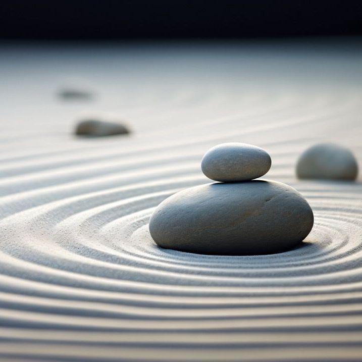 balanced rocks on a bed of sand with rhythmical and symmetrical swirls