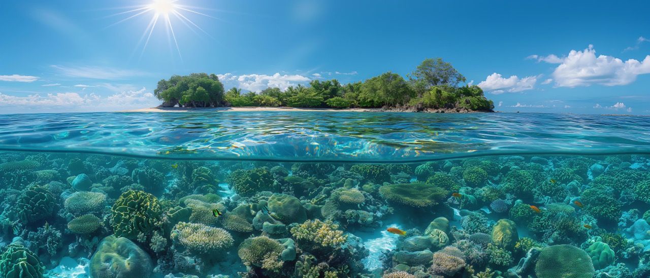 crystal clear ocean water with underwater rocks and an island in the distance