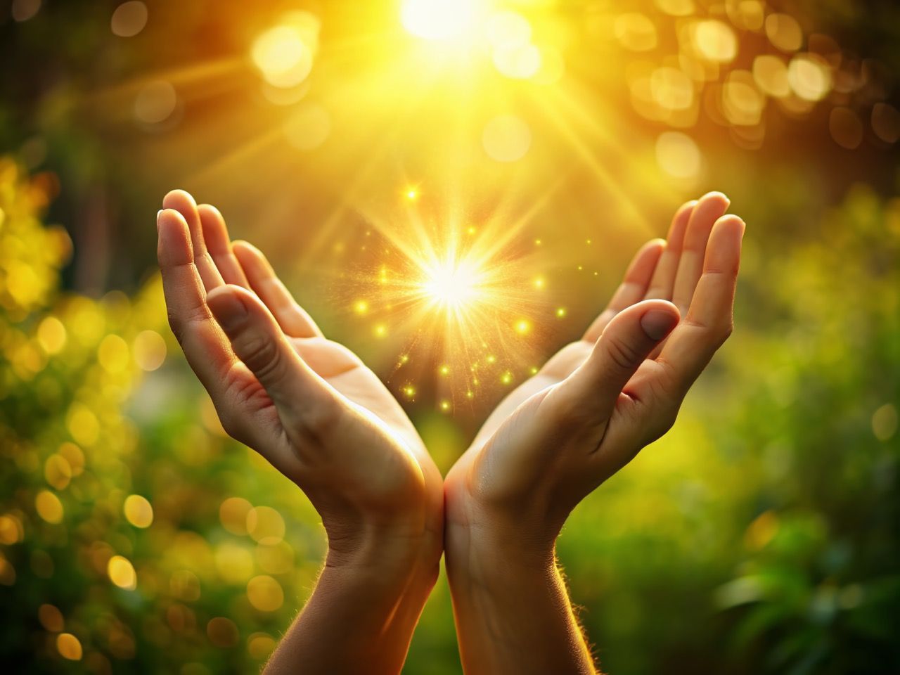 Two hands cupping a sparkling soul light in the sun's rays