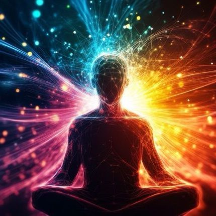 human body surrounded by colourful energetic lines and swirls