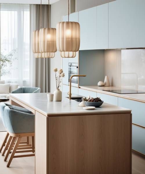 A kitchen with blue cabinets and a large island