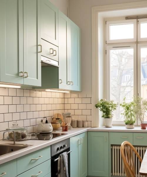 A kitchen with light blue cabinets and a window