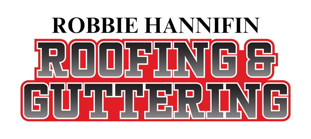 A logo for robbie hannifin roofing and guttering