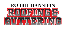 A logo for robbie hannifin roofing and guttering